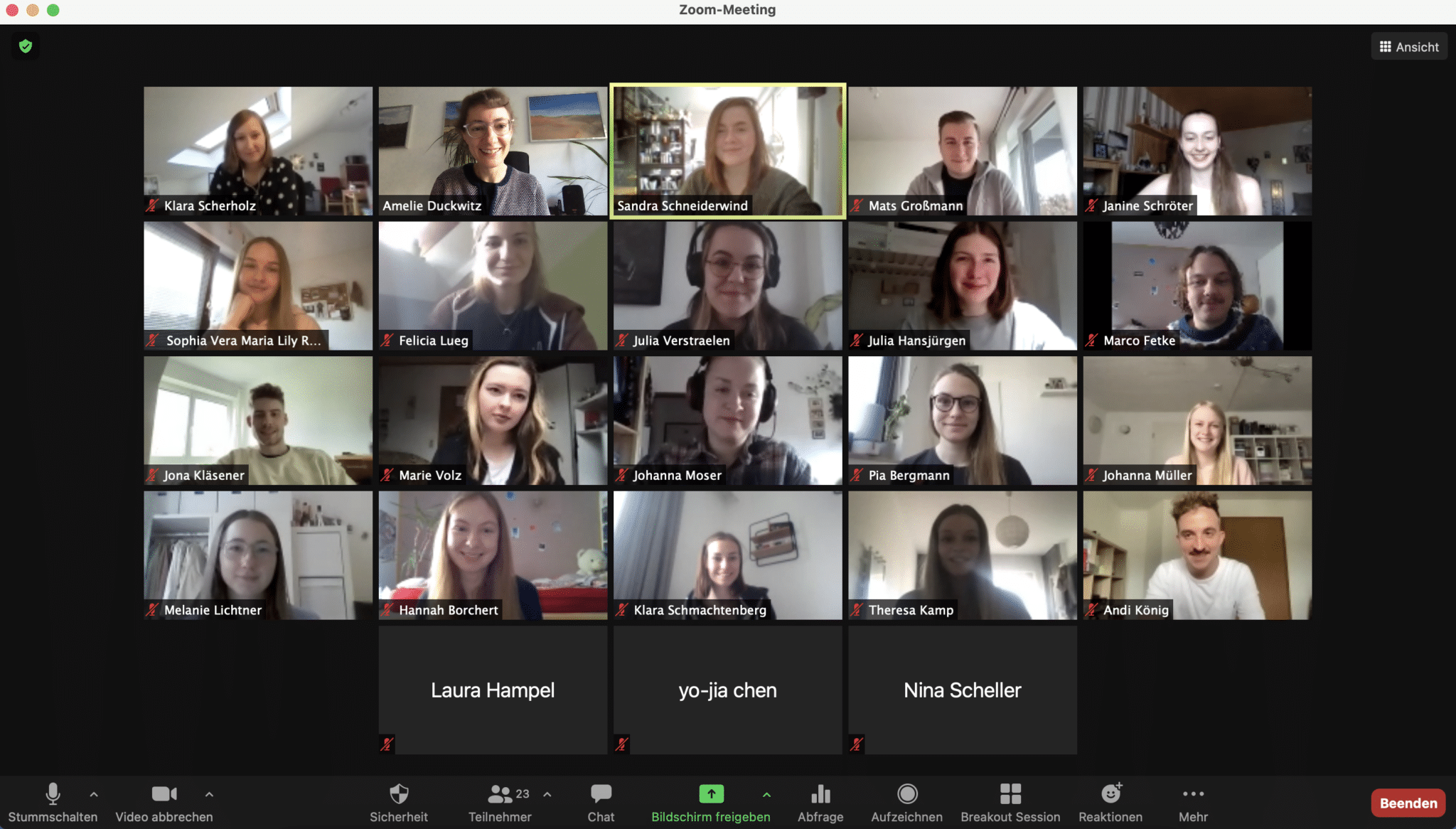 20 Studenten lächeln bei der online Vorlesung auf Zoom in die Kamera. 3 Studentinnen haben auf diesem Screenshot ihre Kamera ausgeschaltet.