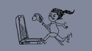 Zeichnung von einem Mädchen mit einem Steckenpferd, das auf einen Laptop springt