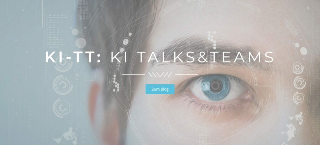 Der Schriftzug "KI-TT: KI Talks & Teams",ist groß in der Mitte. Im Hintergrund ist ein Auge und darauf Symbole und Linien, die an Vermessung denken lassen.